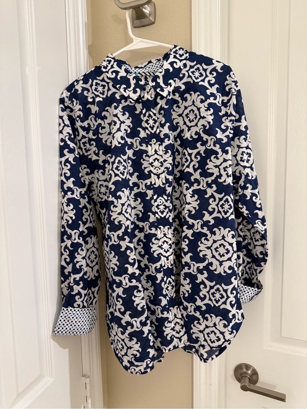 Talbots Navy and White Printed Button-Down Shirt Size XL